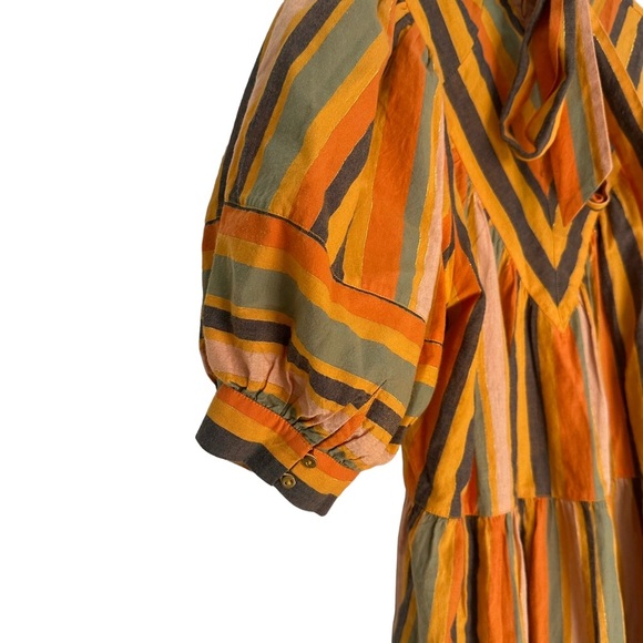 Ulla Johnson | Yellow and Orange Striped Tiered Short Puff Sleeve Dress Size 8 - Picture 7 of 11